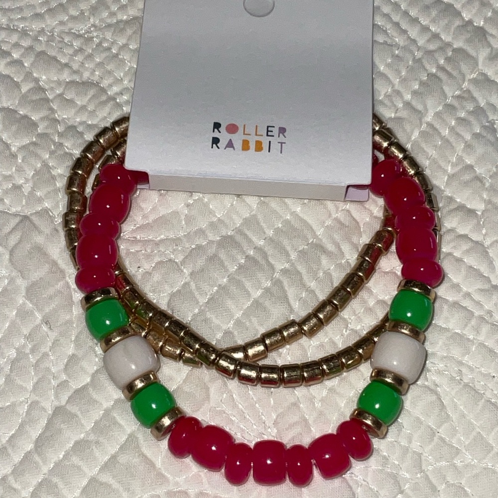 Roller Rabbit Pink, Green & Gold Beaded Bracelet Set